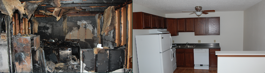 Before and after INTEK fire damage restoration in kitchen